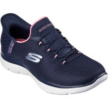 Mocassins femininos azuis - Skechers 150123-NVPK - Slip-ins mãos livres - Têxtil