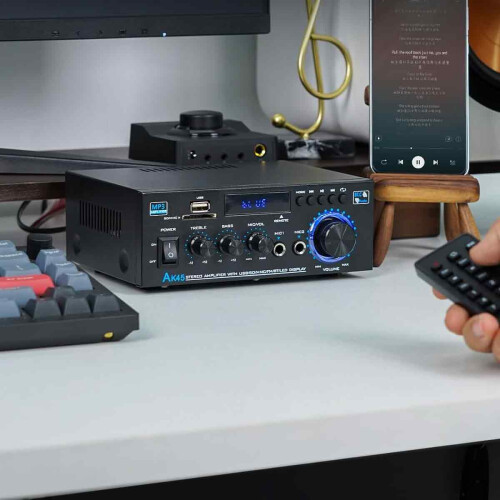 Συμβατός ενισχυτής με είσοδο ραδιοφώνου FM, είσοδος USB με τηλεχειριστήριο και 2