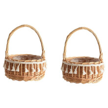 2X Woven Storage Basket and Ribbon Wedding Flower Girl Baskets Wicker Rattan Flower Basket for Home Garden Decor