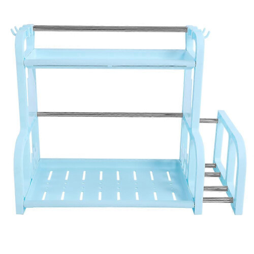 (As show, One size) 2?layer Kitchen Storage Rack Shelf Organizer with Hooks Chopping Board Holder (Blue)
