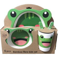 (As show, One size) Kids Bamboo Dinnerware Set with Plate, Bowl, Spoon, Fork, BPA Free, Frog Pattern