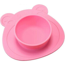 (As show, One size) Baby Silicone Non-slip Dishes Plate Sucker Bowl Kids Cute Bear Shape Suction Cup Placemats (Pink)