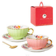 Vintage Flower Bone China Teas Cup Set-Pink light green 4