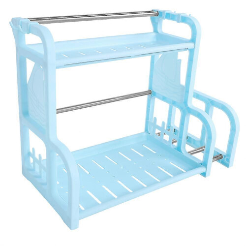(As show, One size) 2?layer Kitchen Storage Rack Shelf Organizer with Hooks Chopping Board Holder (Blue) 1