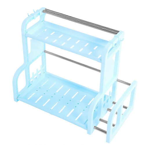 (As show, One size) 2?layer Kitchen Storage Rack Shelf Organizer with Hooks Chopping Board Holder (Blue) 2