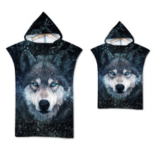 Poncho Beach Towels 3D Starry Sky Moon Wolf Hooded Towel for Women Men Kids 2PCS