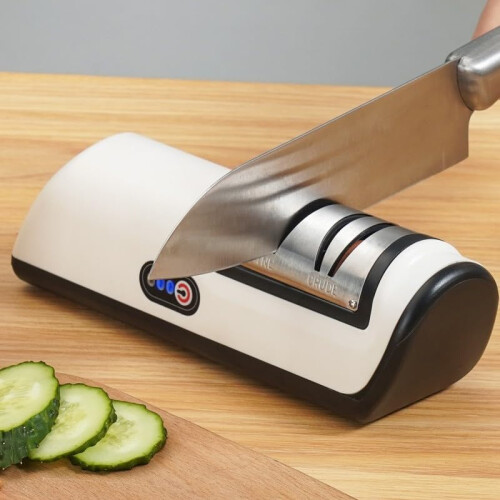 Electric Knife Sharpener, Automatic Kitchen Blade Sharpening Tool, Rechargeable, White and Yellow 2
