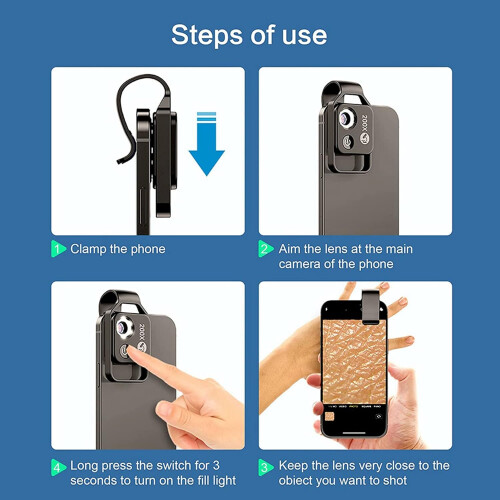 3X 200X Cell Phone Microscope Accessory with Lens, Mini Digital Microscope with LED Light/Universal Clip, black 1