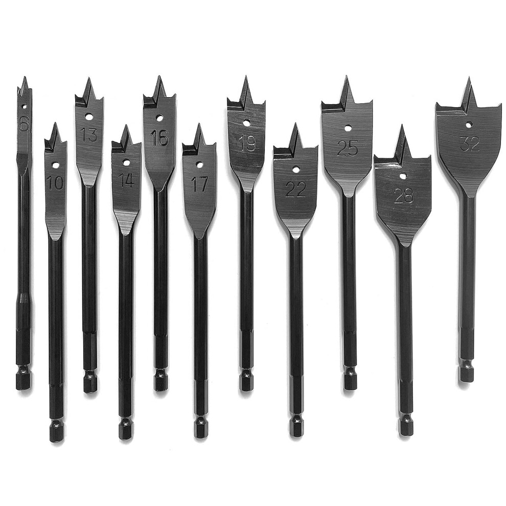 Spade Drill Bit Set 11Pcs Paddle Flat Bits, 632Mm Black Carbon Steel Woodworking Hole Cutter 9412369449221