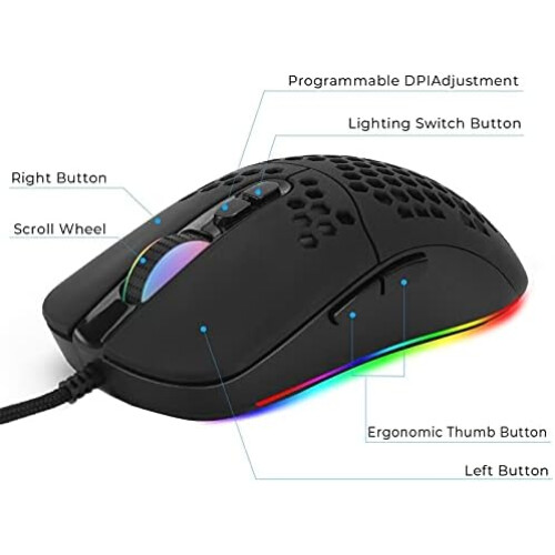 7200DPI USB wired mouse optical gaming honeycomb shell mouse RGB LED backlight WhiteUSB 2