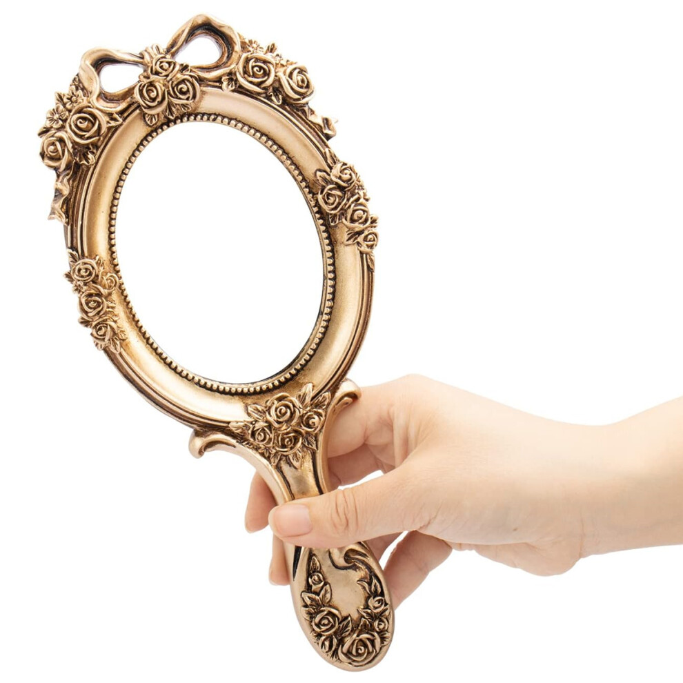 Vintage Handheld Mirror, Portable Hand Held Decorative Mirror with Embossed Pattern Small Resin Makeup Tool for Women Home Travel Use, Lightweight and