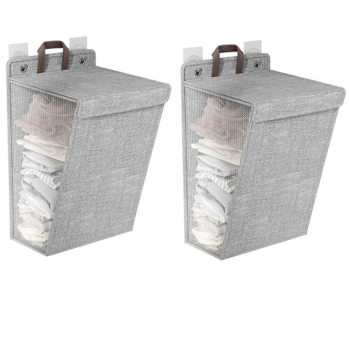 2 Pack Collapsible Laundry Hamper with Lid, Wall Hanging Laundry Bag with Sticky Hook