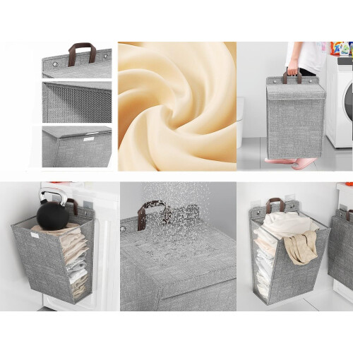 2 Pack Collapsible Laundry Hamper with Lid, Wall Hanging Laundry Bag with Sticky Hook 1