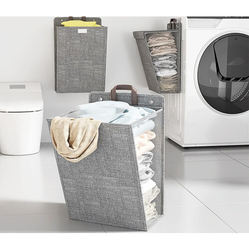 2 Pack Collapsible Laundry Hamper with Lid, Wall Hanging Laundry Bag with Sticky Hook 2