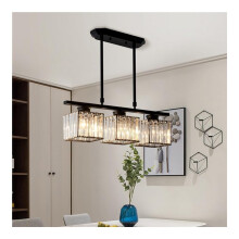 3Light Crystal Gold Chandeliers for Dining Room Long Linear Design with Square Black Crystals