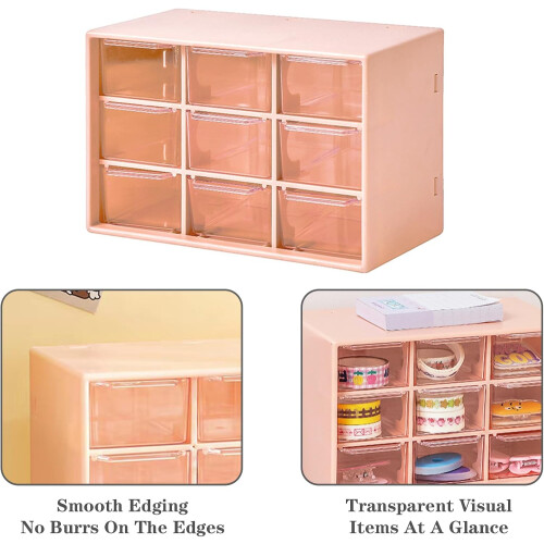 Mini Storage Drawers, Small 9 Drawers Organizer B Stackable Clear Plastic Box for Desk (Pink) 2