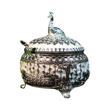 Alloy Sugar Cup with Peacocks Lid and Spoon-silvery white