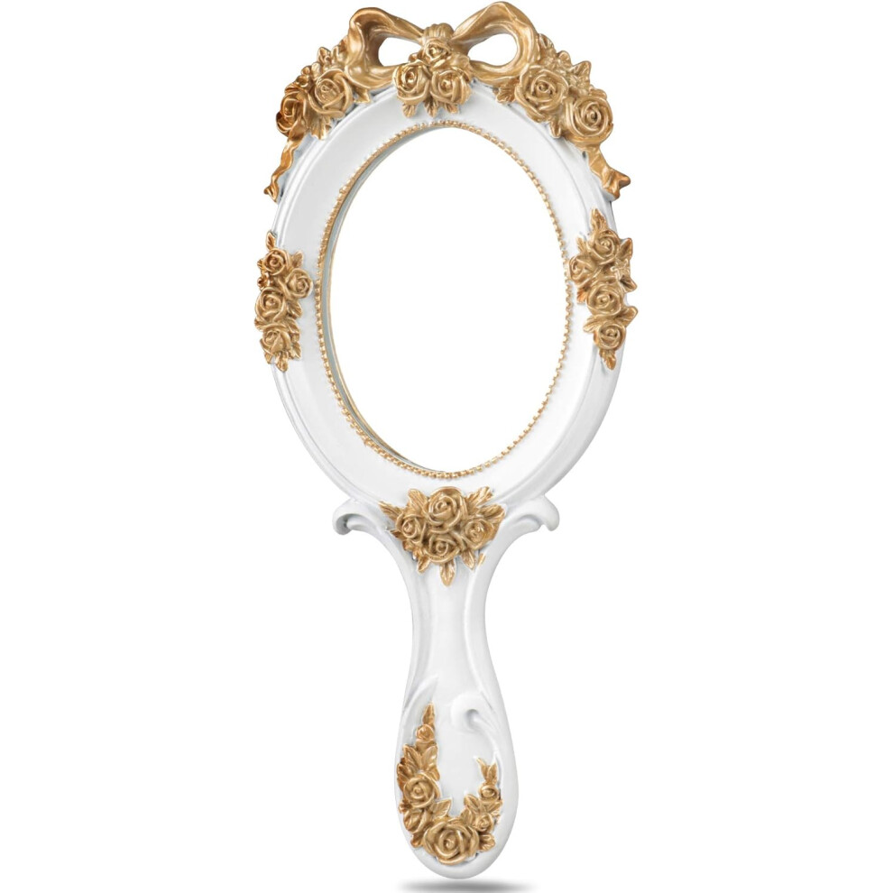 Decorative Hand Mirror with Vintage Handheld Mirror Style, Clear Reflection Real Glass Mirror Handheld Makeup Mirror, Elegant Embossed Pattern for Wom