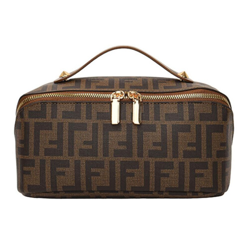 Designer Monogram Makeup Bag, Cosmetic Case with Handle, Brown Pattern, Gold Hardware