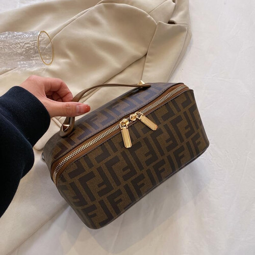 Designer Monogram Makeup Bag, Cosmetic Case with Handle, Brown Pattern, Gold Hardware 2
