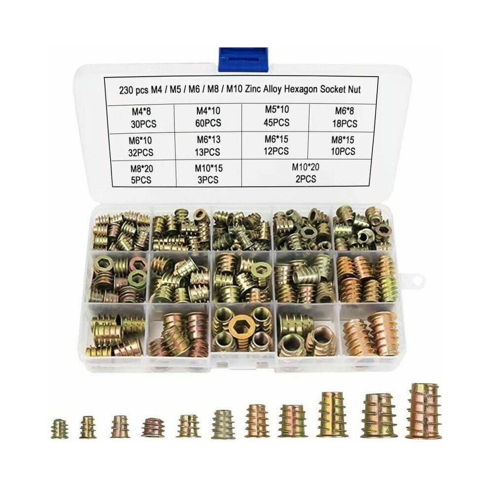 Hex Socket Drive Threaded Nut Inserts For Wood Furniture, Zinc Alloy Furniture Screw-In Nut Fastener Connector, 230Pcs Assorted Sizes M4 To M10, High 9198585078734