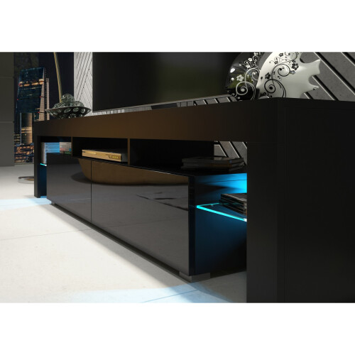 TV Unit 200cm Nova - Black with Gloss Doors and LED Lights 2