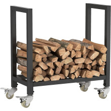 Robust fireplace log holder made of steel with wheels for indoor use, black, metalcoated wood
