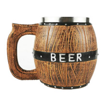 580ml Wooden Barrel Beer Mug with Stainless Steel Lining, Rustic Large Capacity Home Bar Stein