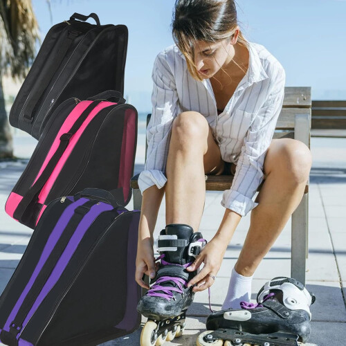 Roller Skate Bag, Adjustable Shoulder Strap, Fits Quad, Inline Skates, Purple, Black, Pink 2