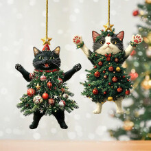 Pack of 2 Cat Decorations, Black Cat Christmas Pendant, Tree Hanging Ornament