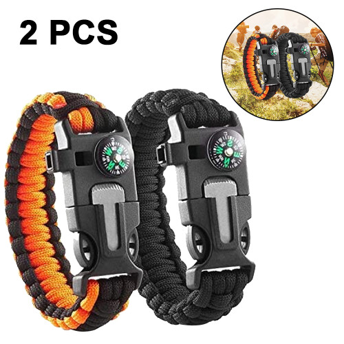 Survival Bracelets With Adjustable Paracord, Camping Gear Kits Including Fire Starter And Embedded Compass 1