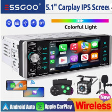 Autoradio met HD capacitief touchscreen, Dual Mirror Link, 5,1 inch enkel-DIN, draadloze CarPlay, Android Auto, Bluetooth, FM- en AM-radio, en