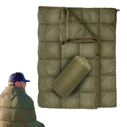 Down camping blanket, soft, lightweight, waterproof, packable, Army Green.