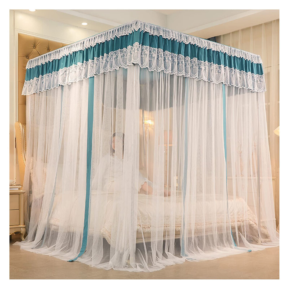 Mosquito Net Princess Bed Curtains Canopy 4Poster Embroidery Lace King Size Bed Net With Metal Bracket 2X2.2m 6.6X7.2ft Blue