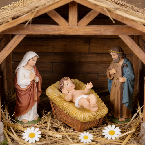 Jesuskind-Krippenfiguren aus Kunstharz in einer Krippe,-1 2