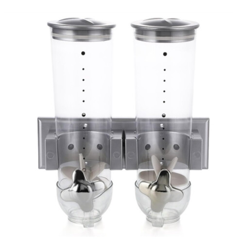 Wallmounted cereal dispenser, kitchen snack storage jar, multicompartment, silver, 30*29cm