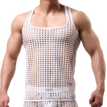 Men's Sexy Mesh Tank Muscle SeeThrough Shirt Sleeveless L White