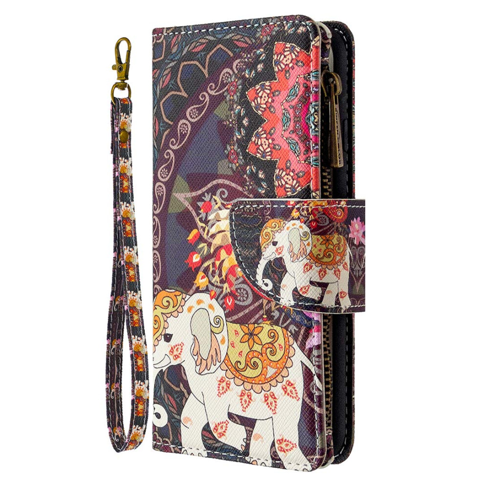 Nadoli Zip Wallet Case For Samsung Galaxy S10e, Leather Wallet Flip Case With Lanyard Flower Elephant 9365049445870