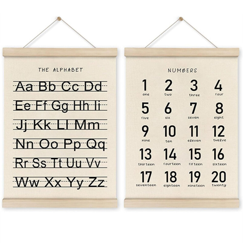 Art posters with alphabet numbers, wooden hangers, 2piece set, for toddlers, learning and nursery room decorations
