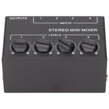 Geluidsarme stereo audiomixer, compact en fraai vormgegeven, met RCA-ingang en -uitgang, gebogen voedingskabel, metalen behuizing en Australische