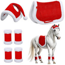 Christmas Santa Red Horse Hat, 4 Horse Leg Wraps Saddle, Plush Costumes for Horses
