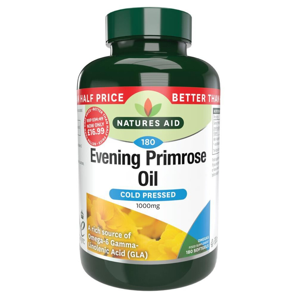 Natures Aid Evening Primrose Oil 1000 Mg, Cold Pressed, Omega-6 Gla, 180 Softgel Capsules