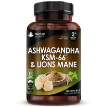 Ashwagandha KSM-66 and Lions Mane Capsules - High Strength 2000mg KSM-66 Ashwaghandha Root Extract and Lions Mane Mushroom Extract - 120 Vegan