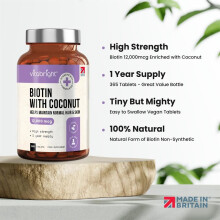 Biotin for Hair Growth Skin and Nails 12000mcg High Strength 365 Tablets 1 Year Supply Enriched with Coconut Oil Powder Natural DBiotin Biologically