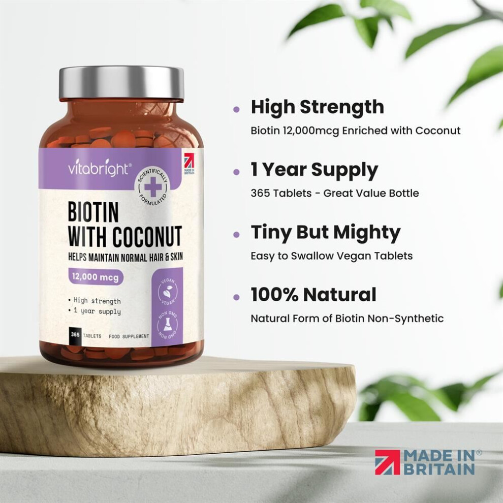 Vitabright Biotin For Hair Growth Skin And Nails 12000Mcg High Strength 365 Tablets 1 Year Supply Enriched With Coconut Oil Powder Natural Dbiotin Biologically