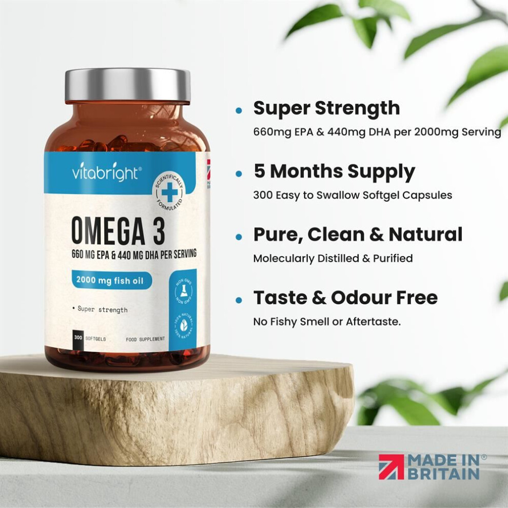 Vitabright Omega 3 Pure Fish Oil 2000Mg - 300 Softgel Capsules (5 Months Supply) - 660Mg Epa & 440Mg Dha Per Serving - Supports Brain, Heart Function And Eye