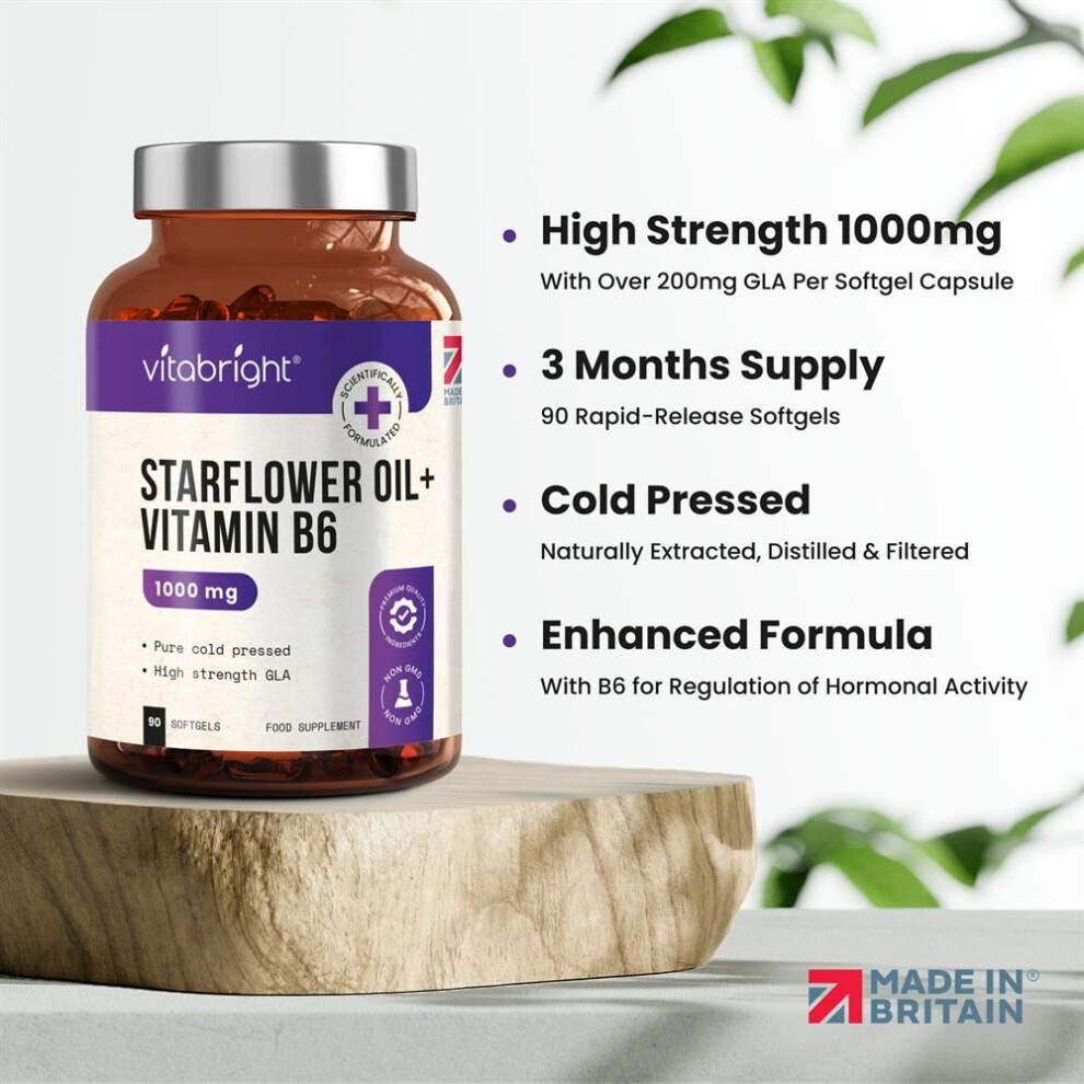 Vitabright Starflower Oil / Borage Oil Capsules - 1000Mg - High Strength Gla - With Vitamin B6 For Regulation Of Hormonal Activity - 90 Softgels (3 Month Supply)