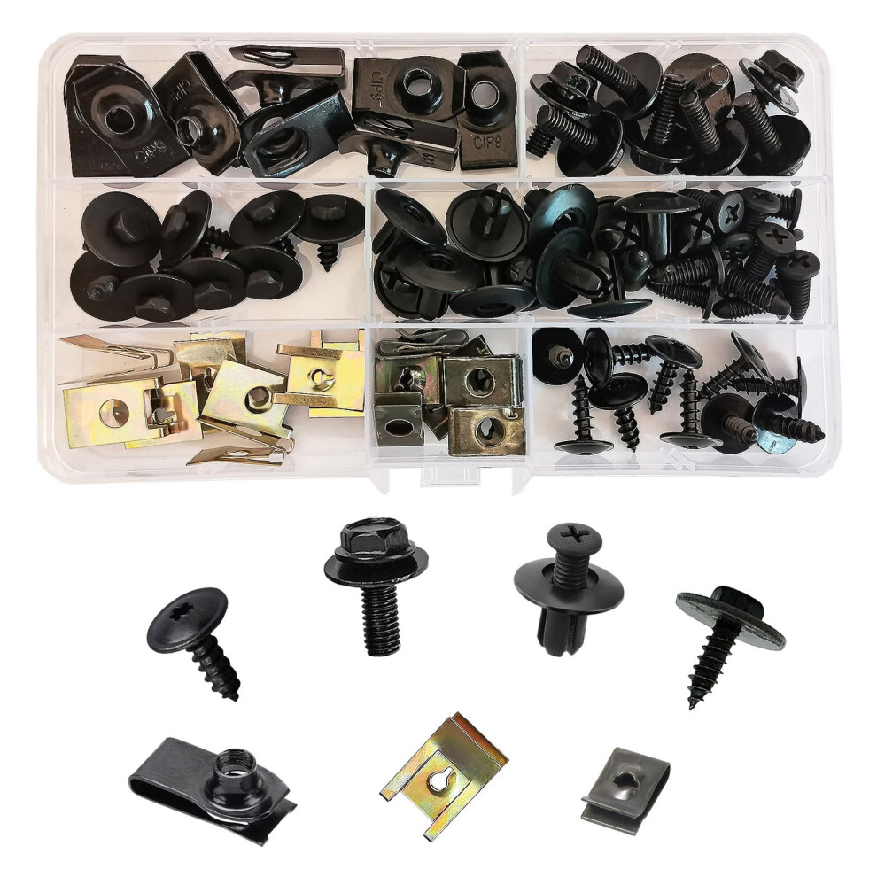 64 Pcs Car Screws Nut Clip Kit, Undertray Auto Body Fender Screws, U-Type Fastener Clip With Matched Screws For Bumper Mounting Clips Door Trim 9139052749290
