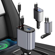 Chargeur de voiture 4 en 1 avec câbles rétractables, charge rapide USB-C et adaptateur iPhone, câble de charge dissimulé pour un intérieur