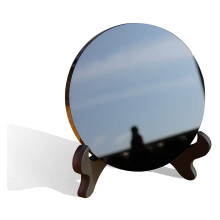 Natural Black Obsidian Scrying Mirror Crystals Stone Round Plate Witchcraft Mirror Crystal Decor with Shelf Crystal Specimen 12cm with Pedestal
